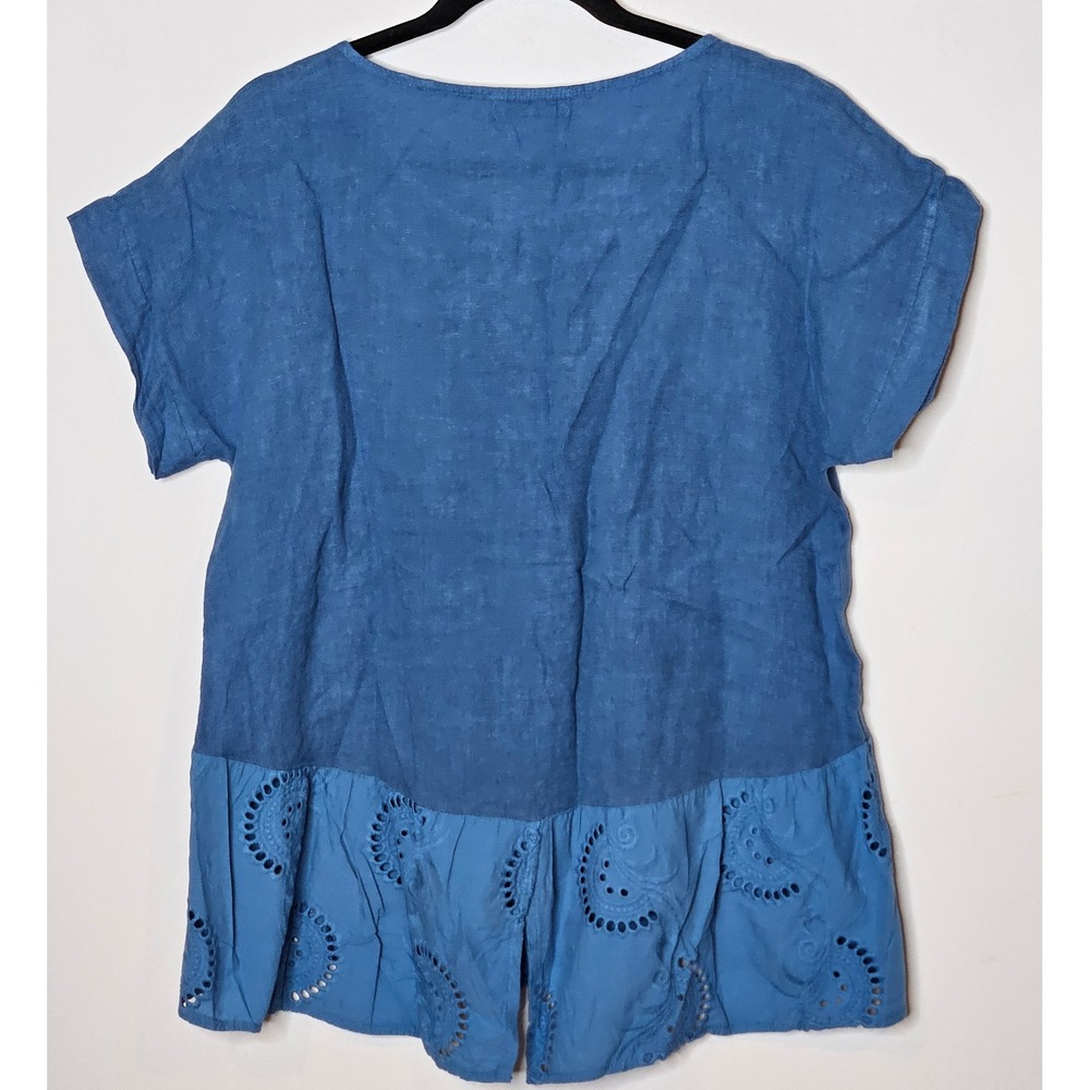 Terzo Millennio NEW Italy Denim Blue Linen Cotton Eyelet Ruffle Top Women Small - Picture 5 of 6